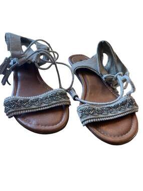 Minnetonka Grey Suede Beaded Paloma Low Wedge Gladiator Sandals Size 7